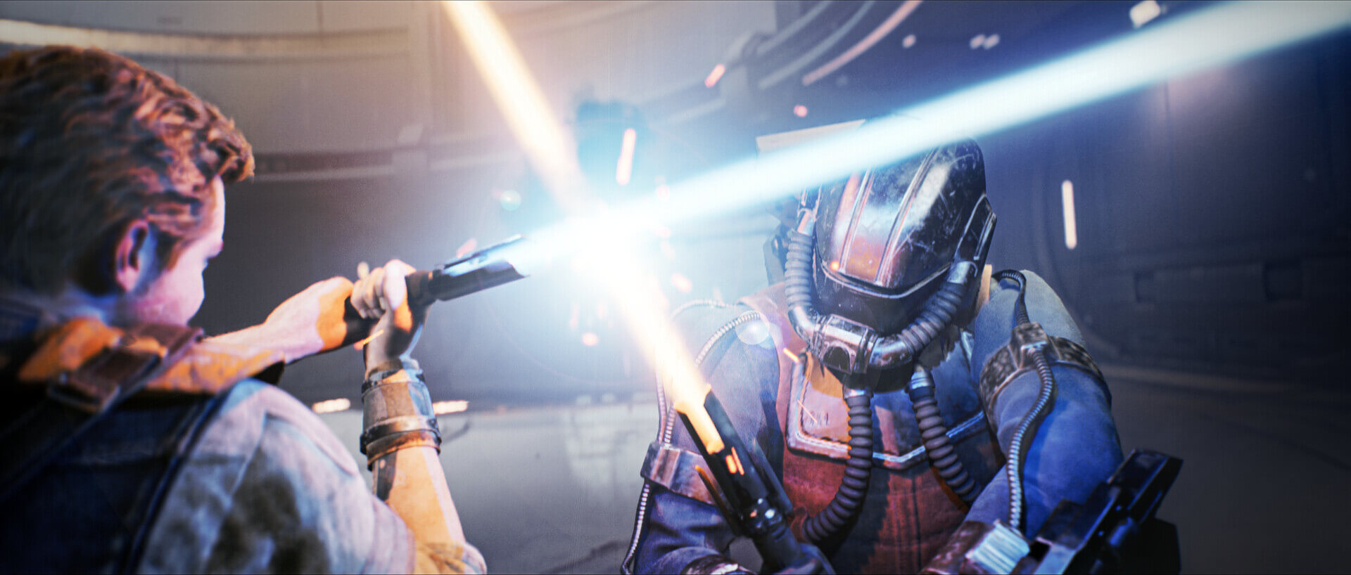 Cal crossing lightsabers with an opponent in Star Wars Jedi: Survivor