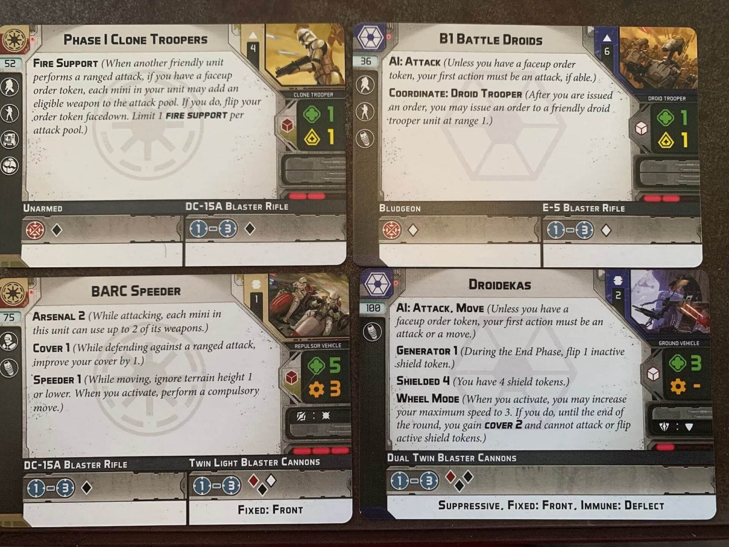 Unit cards displaying the various stats and abilities in Star Wars: Legion.