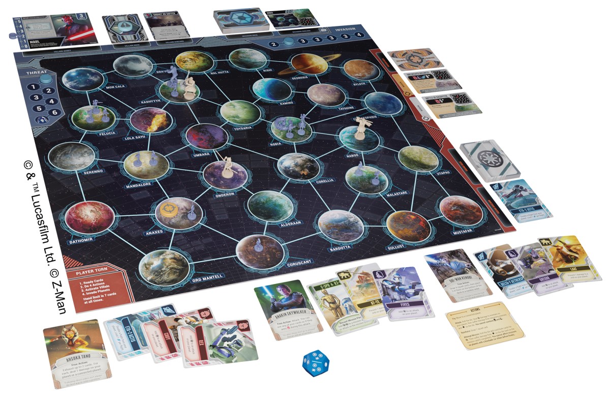 Promotional image of Star Wars The Clone Wars Pandemic game showing a galaxy game board