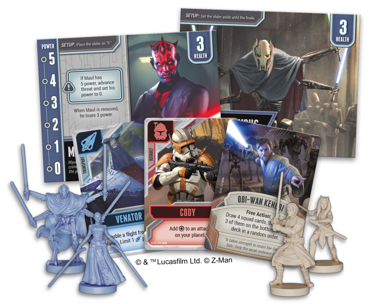 Promotional image of the Star Wars The Clone Wars Pandemic game showing cards and miniatures