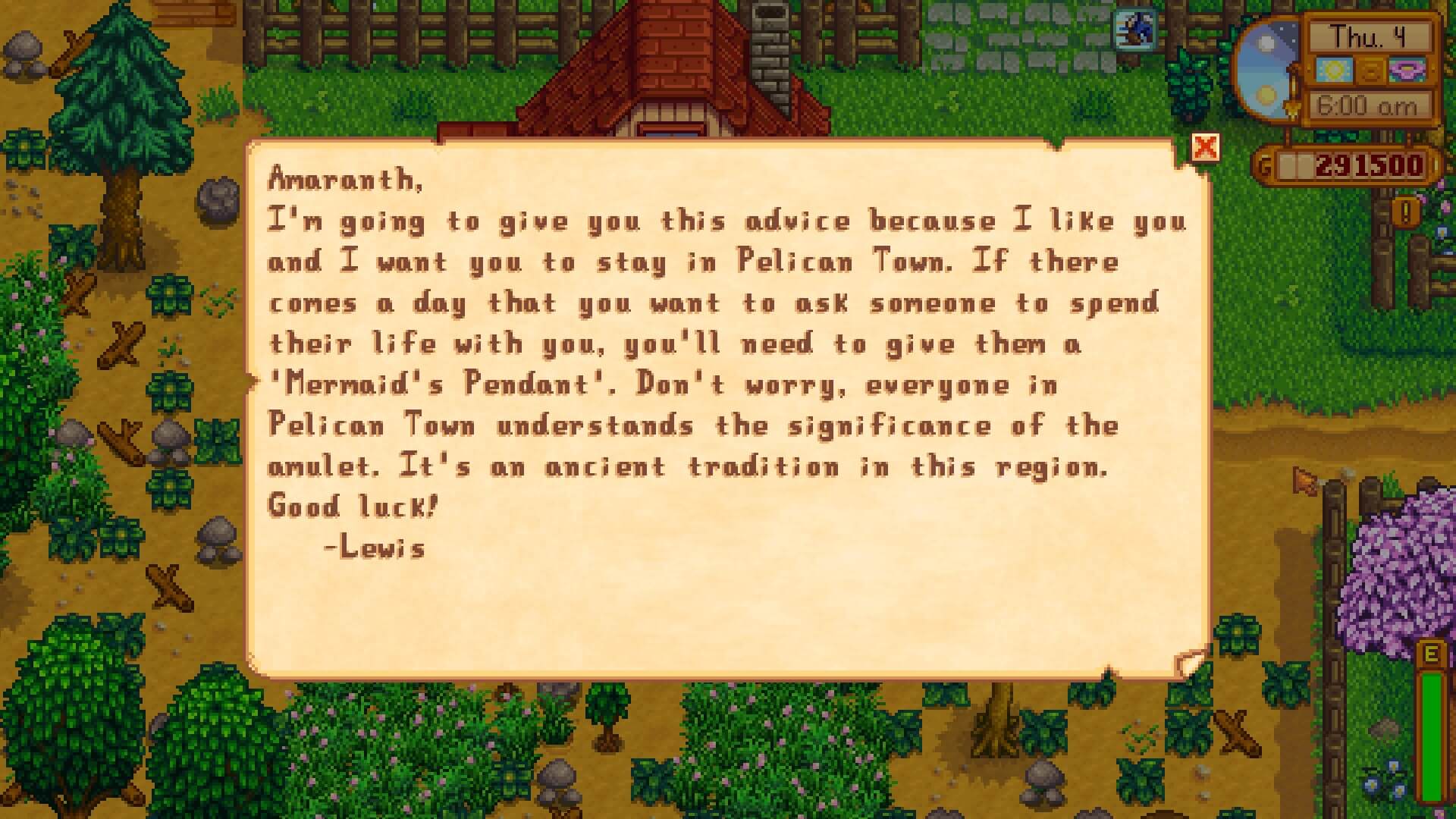 An example of some changed text in the Platonic Relationship mod in Stardew Valley.