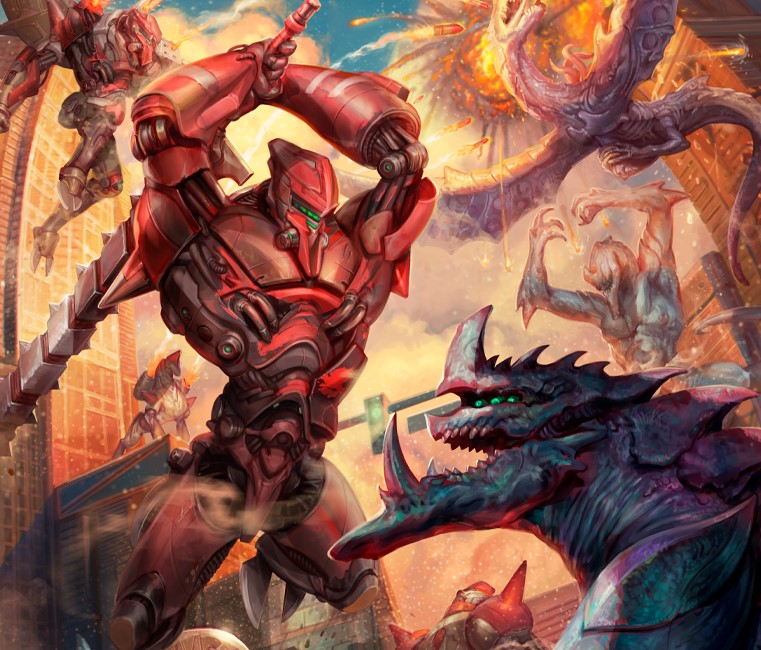 Artwork from Starfinder Mechageddon, showing a mech with a sword fighting a giant monster in a city