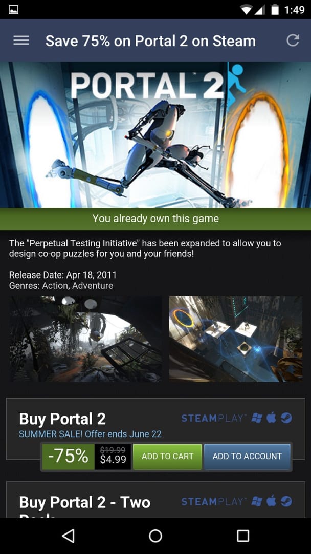 A screenshot of the steam mobile app store showing off games such as Portal 2.