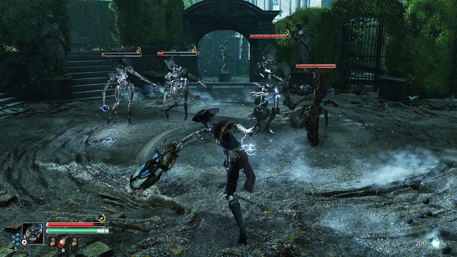 Aegis takes on multiple enemies in an ornate Paris courtyard in Steelrising
