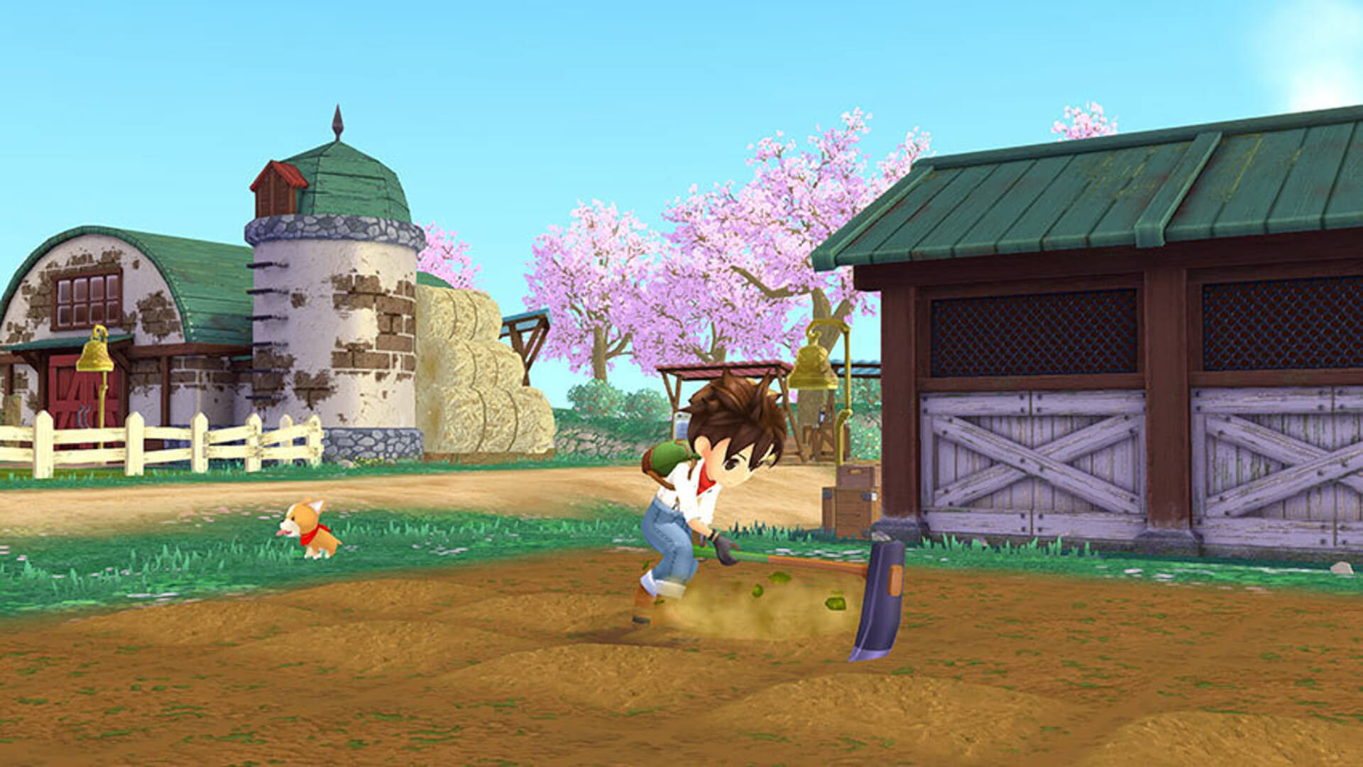 Oyuncu, Story of Seasons: A Wonderful Life yeniden çevriminde Switch'te arka planda küçük bir köpekle bir araziyi çiftçilik yapıyor
