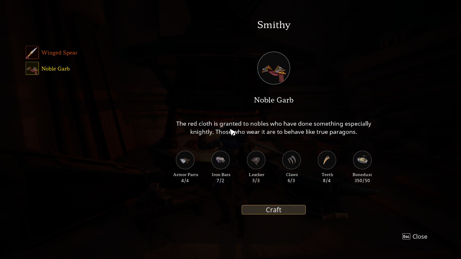 An image of the crafting screen in Stray Blade