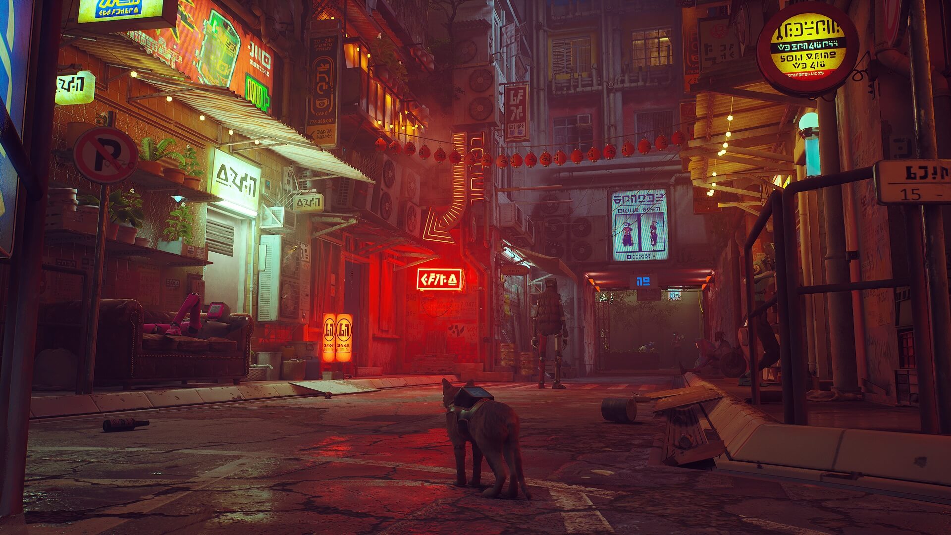 The main cat exploring a neon city in Stray