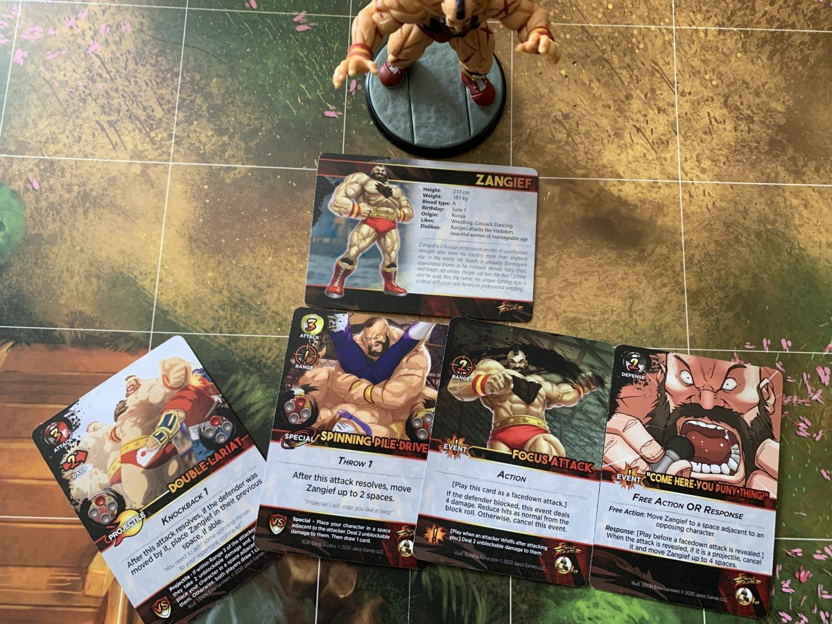 A handful of cards from Zangief's deck, showing off artwork