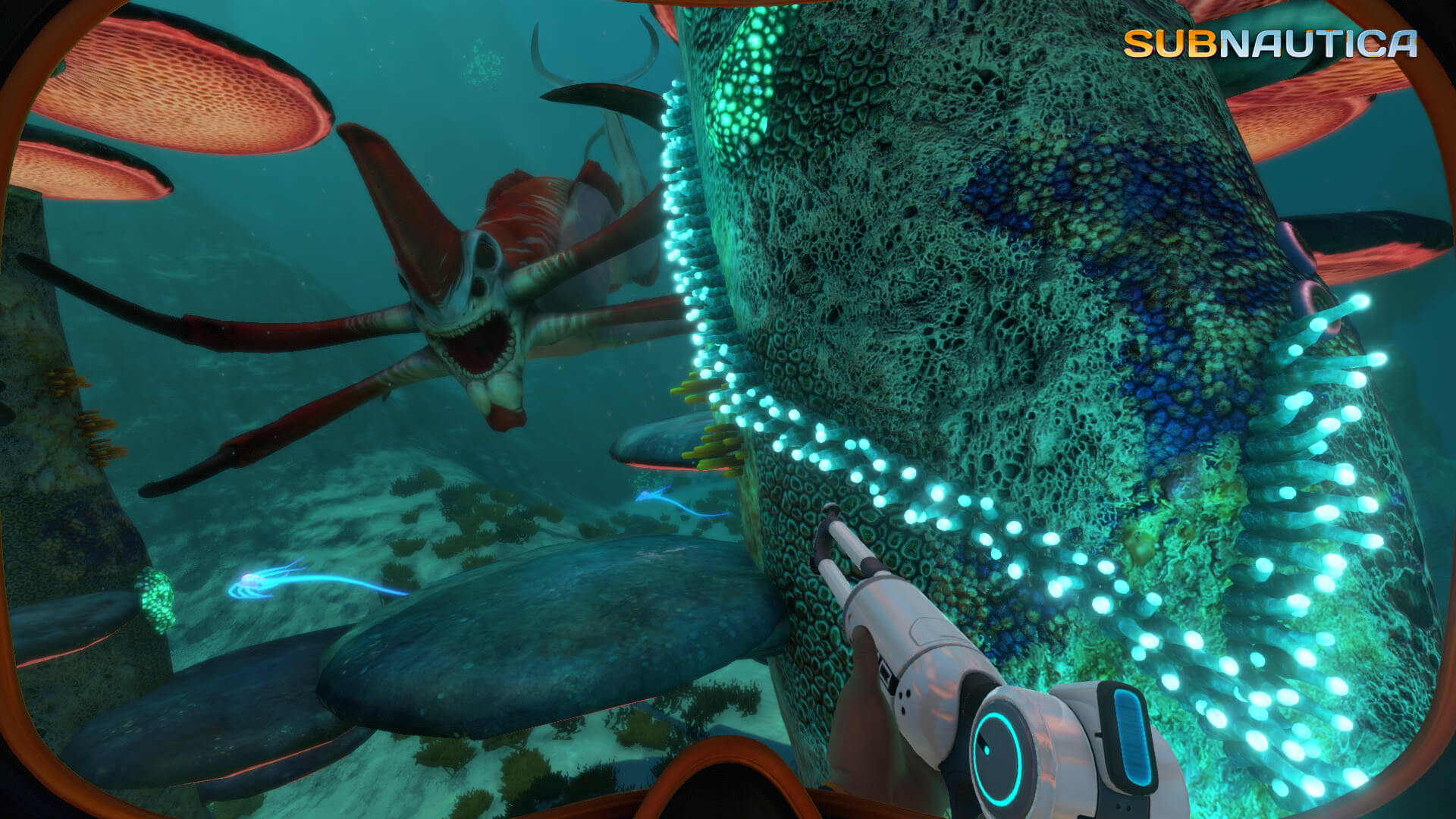 A Reaper Leviathan swimming through the water in Subnautica