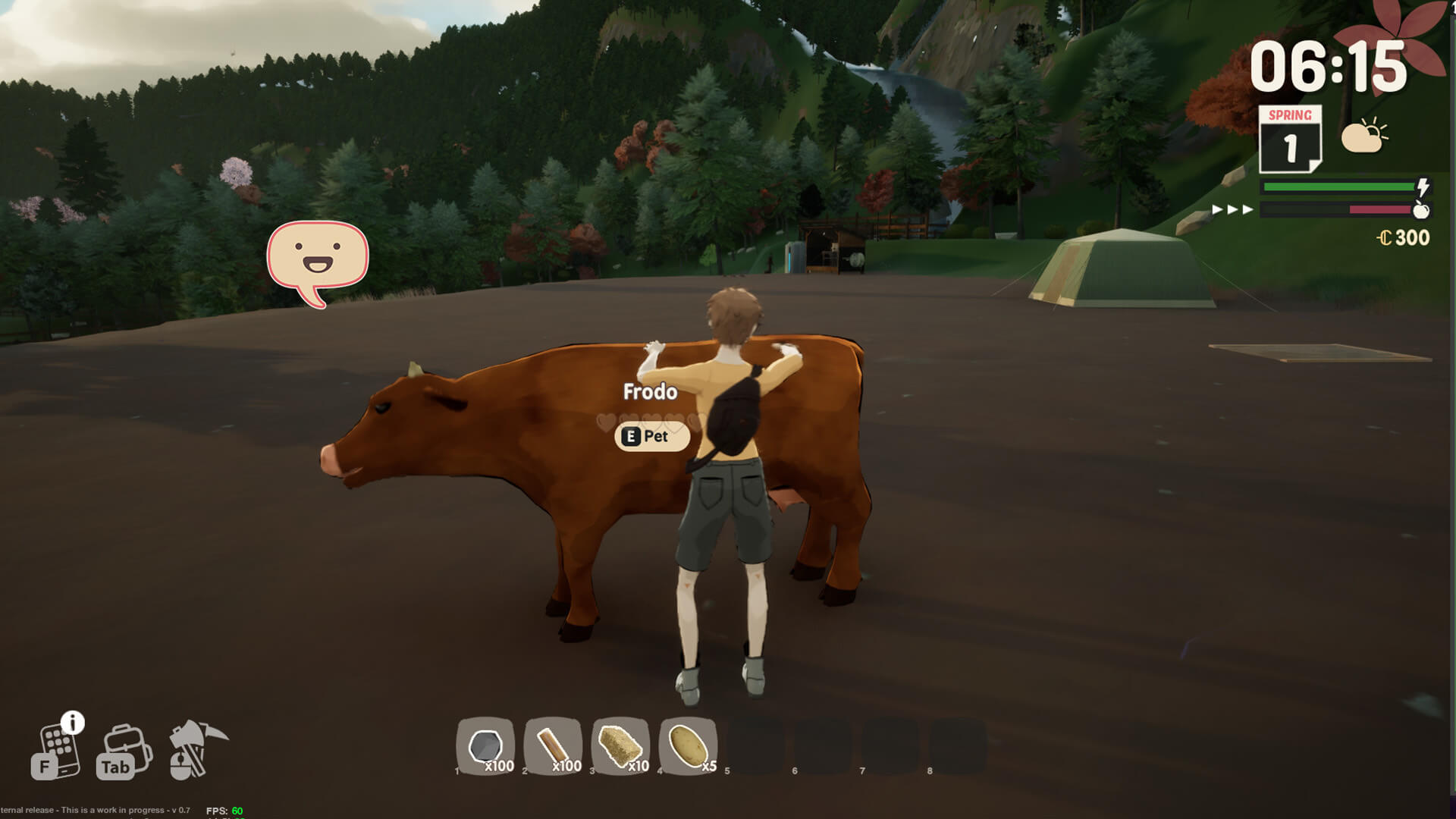 The player petting a cow in open-world farming sim SunnySide