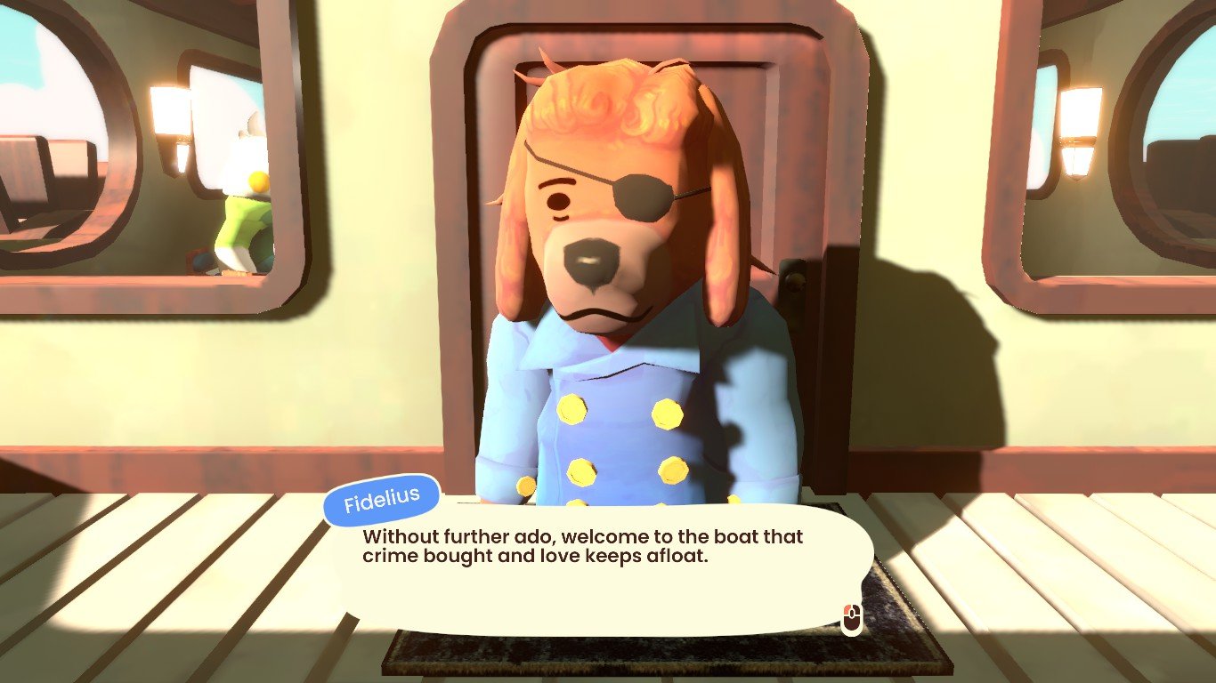 An in-game screenshot of Sunshine Shuffle, showcasing the eye-patched dog Fidelius greeting the player-character.