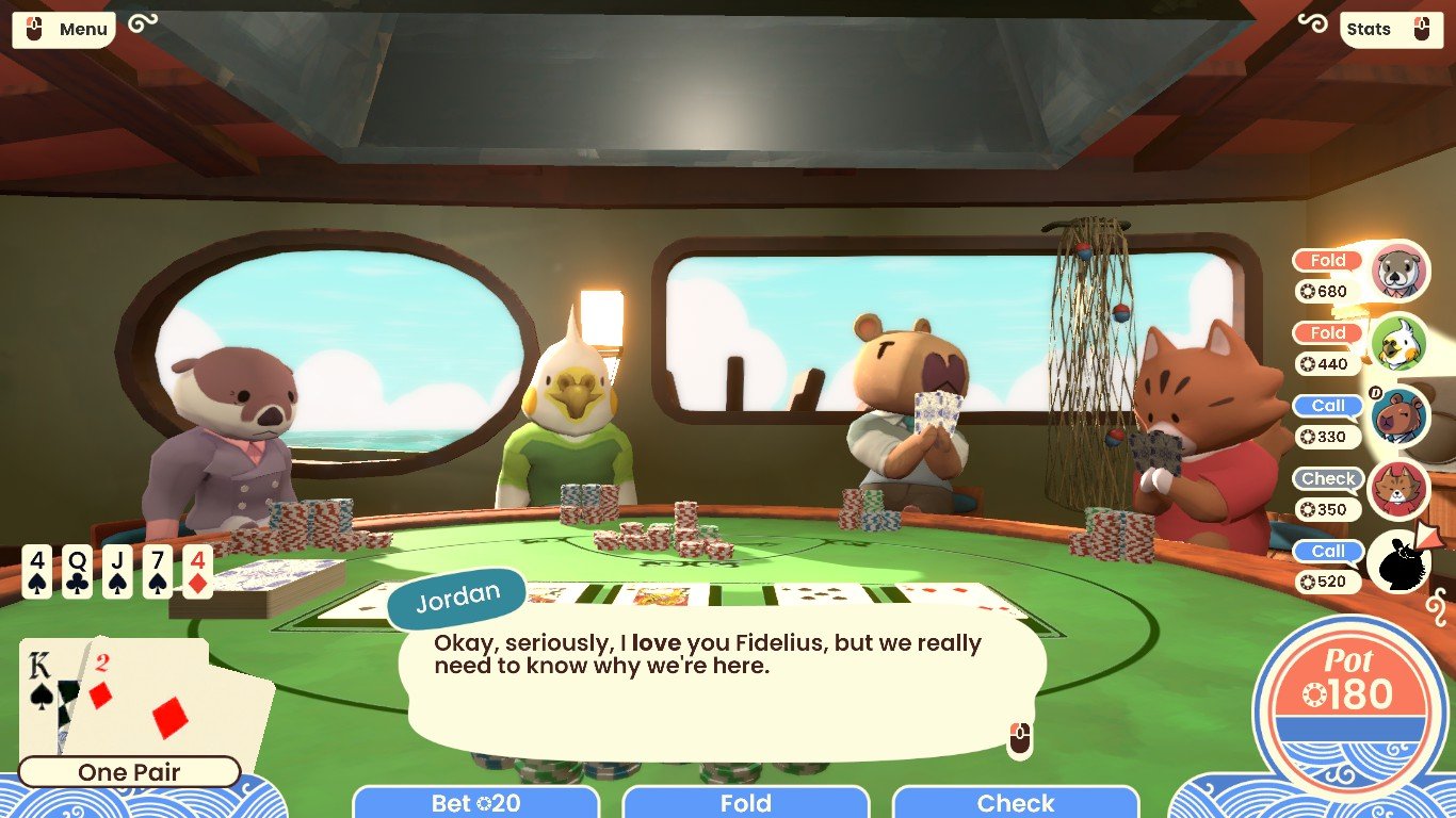 An in-game screenshot of Sunshine Shuffle, showcasing Texas Hold 'em gameplay whilst the characters talk amongst each other.