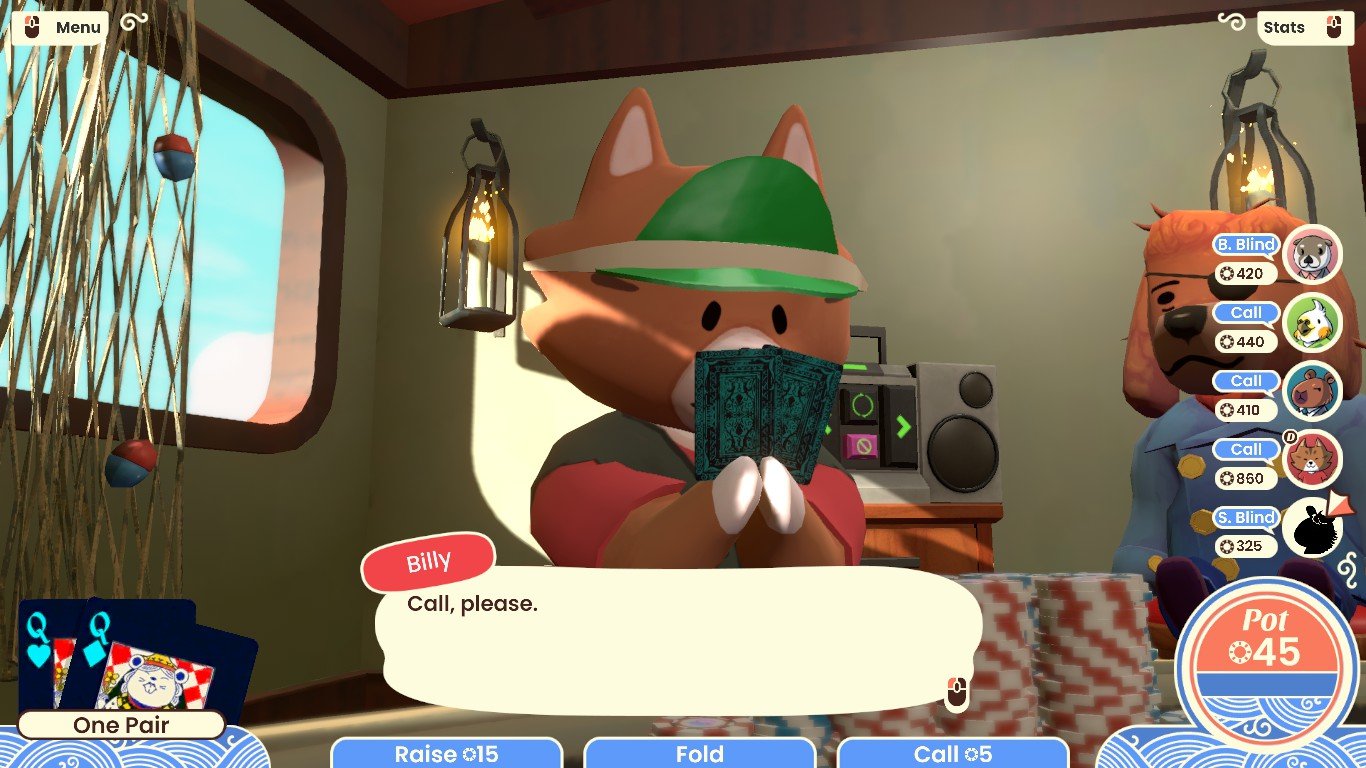 An in-game screenshot of Sunshine Shuffle, showcasing a close-up of the character Billy announcing his play during the poker match.