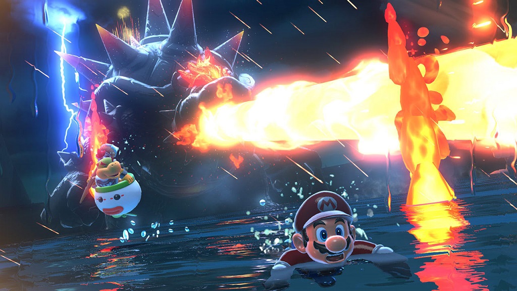 Mario swims away from Giant Bowser in Super Mario 3D World + Bowser's Fury