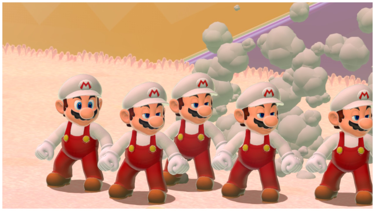 Four copies of Mario slinging fireballs