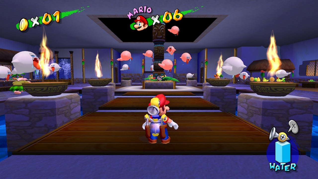 Mario in a hotel surrounded by ghosts