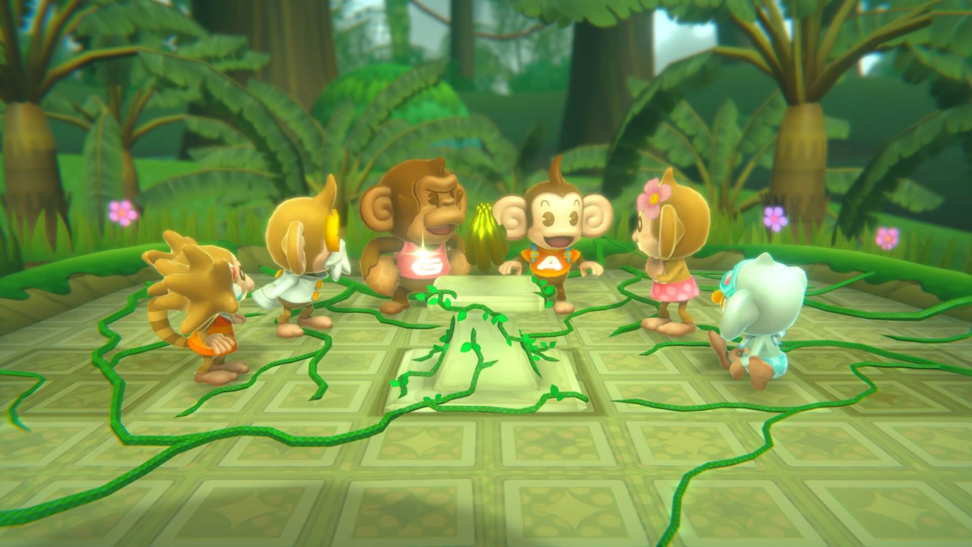 The monkeys stand around in Super Monkey Ball: Banana Blitz HD