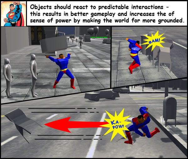 A design screenshot showcasing how objects should behave in the Superman Blue Steel prototype.