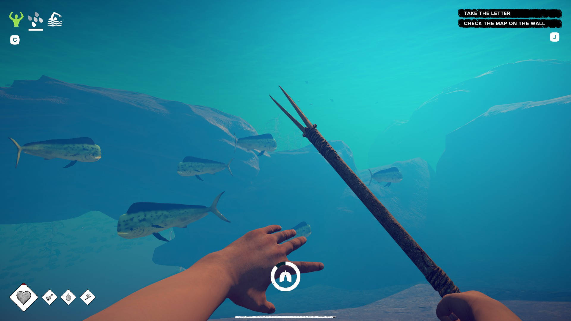 Survival: Fountain of Youth Fishing Guide - Holding a Harpoon Underwater while Surrounded by Dorado