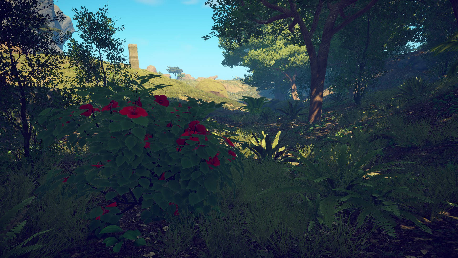 Survival: Fountain of Youth Medicine Guide - Hibiscus Plant with a Stone Pillar on a Hill in the Background