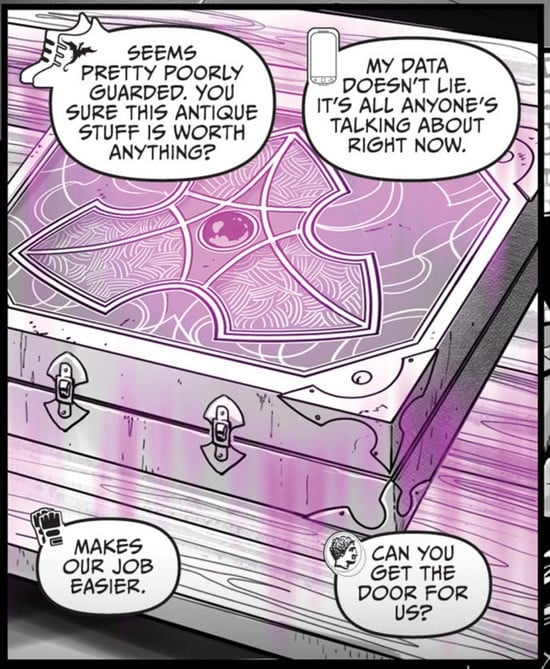 A comic panel of an elaborate briefcase with characters speaking