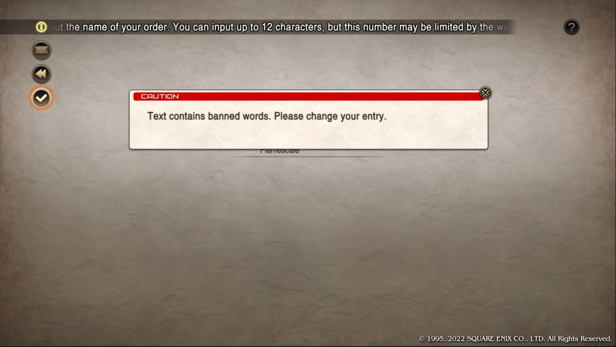Tactics Ogre: Reborn screenshot showing what a banned word looks like.