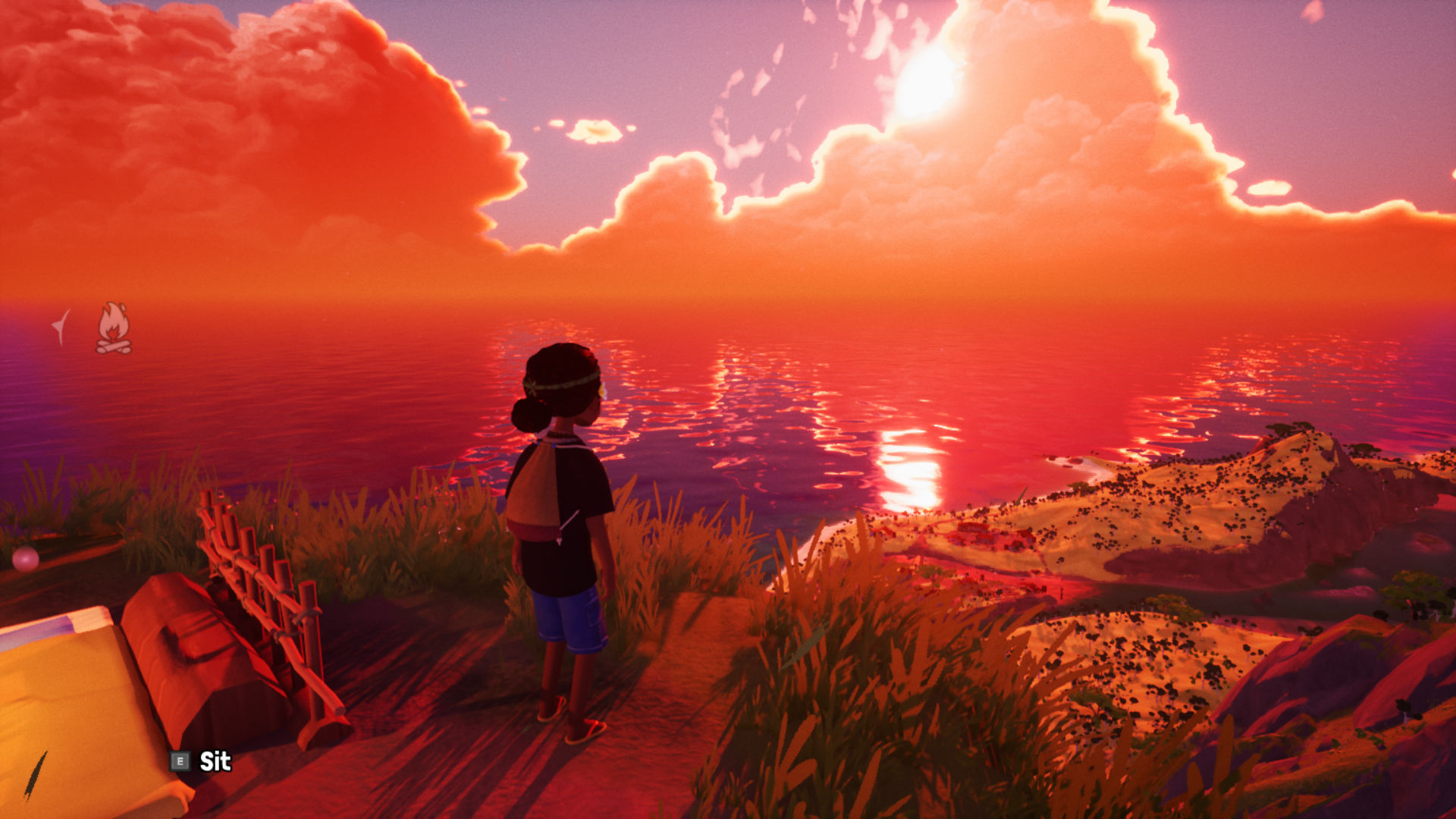 Tchia Main Character Overlooking Island From Mountaintop During Sunset