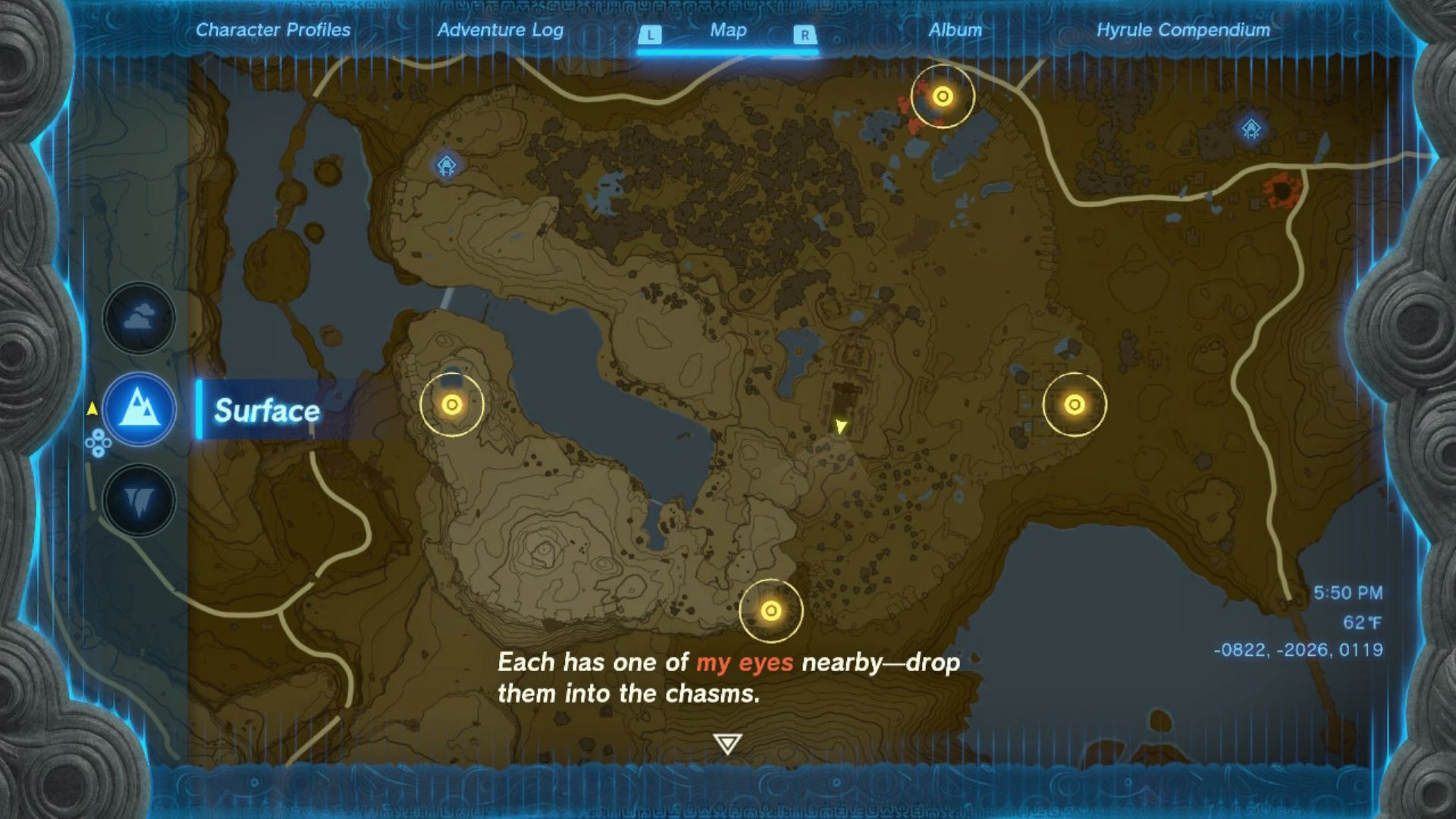A map showing the locations of each of the eyes for the Tears of the Kingdom Call From The Depths Questline