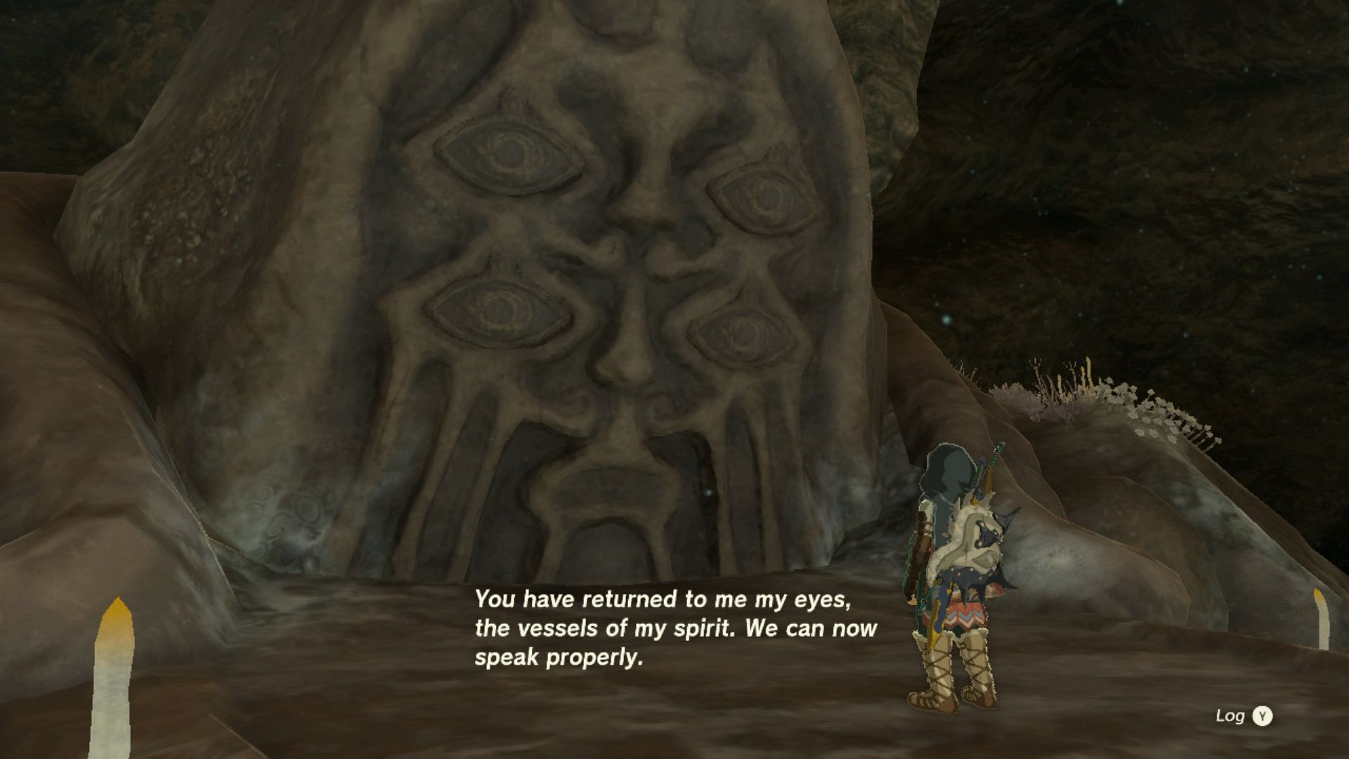 The giant statue from the Tears of the Kingdom Call From The Depths quest talking to link
