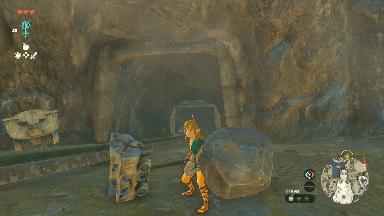 Link holding a minecart sword and rock shield in Tears of the Kingdom