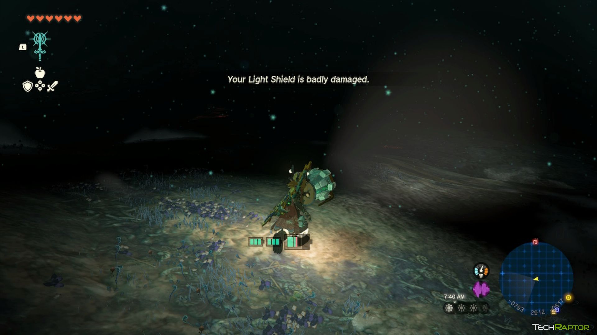 Link exploring the depths in Tears of the Kingdom with a light attached to his shield