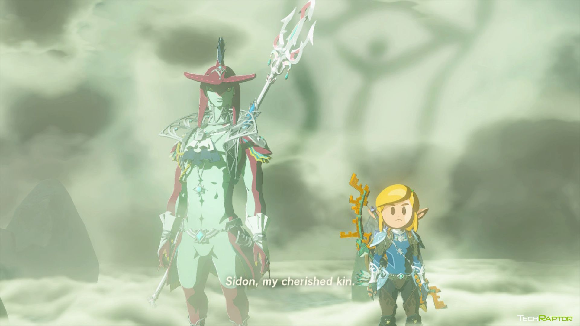 Link and Sidon being spoken to by the first Zora Sage in Tears of the Kingdom