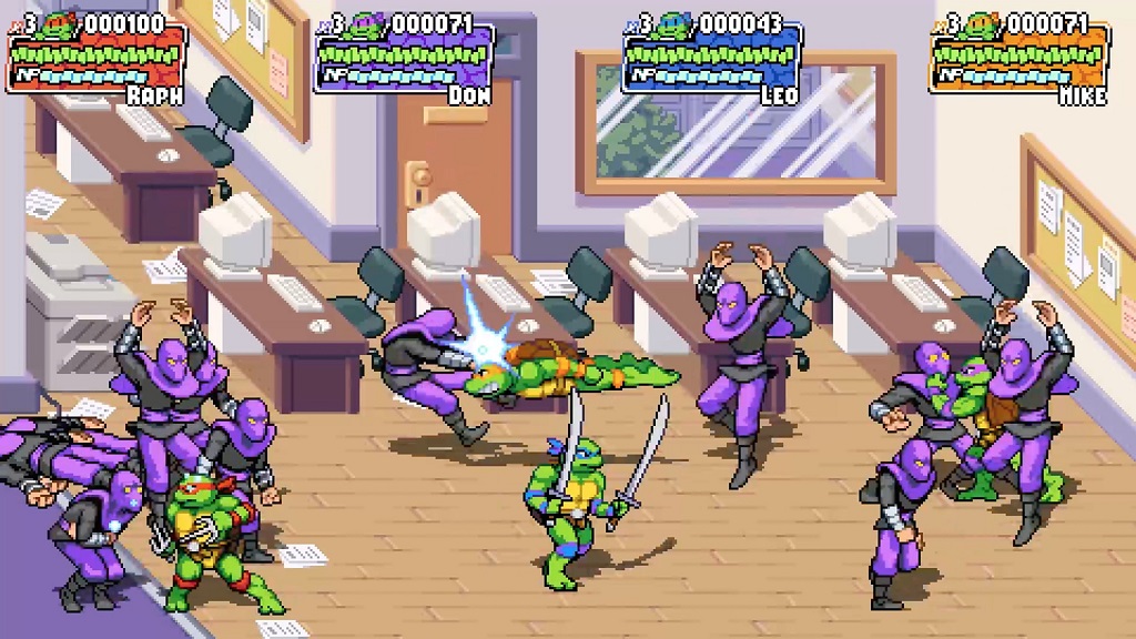 Donatello, Michaelangelo, Leonardo, and Raphael taking on some Foot Clan soldiers in Teenage Mutant Ninja Turtles: Shredder's Revenge