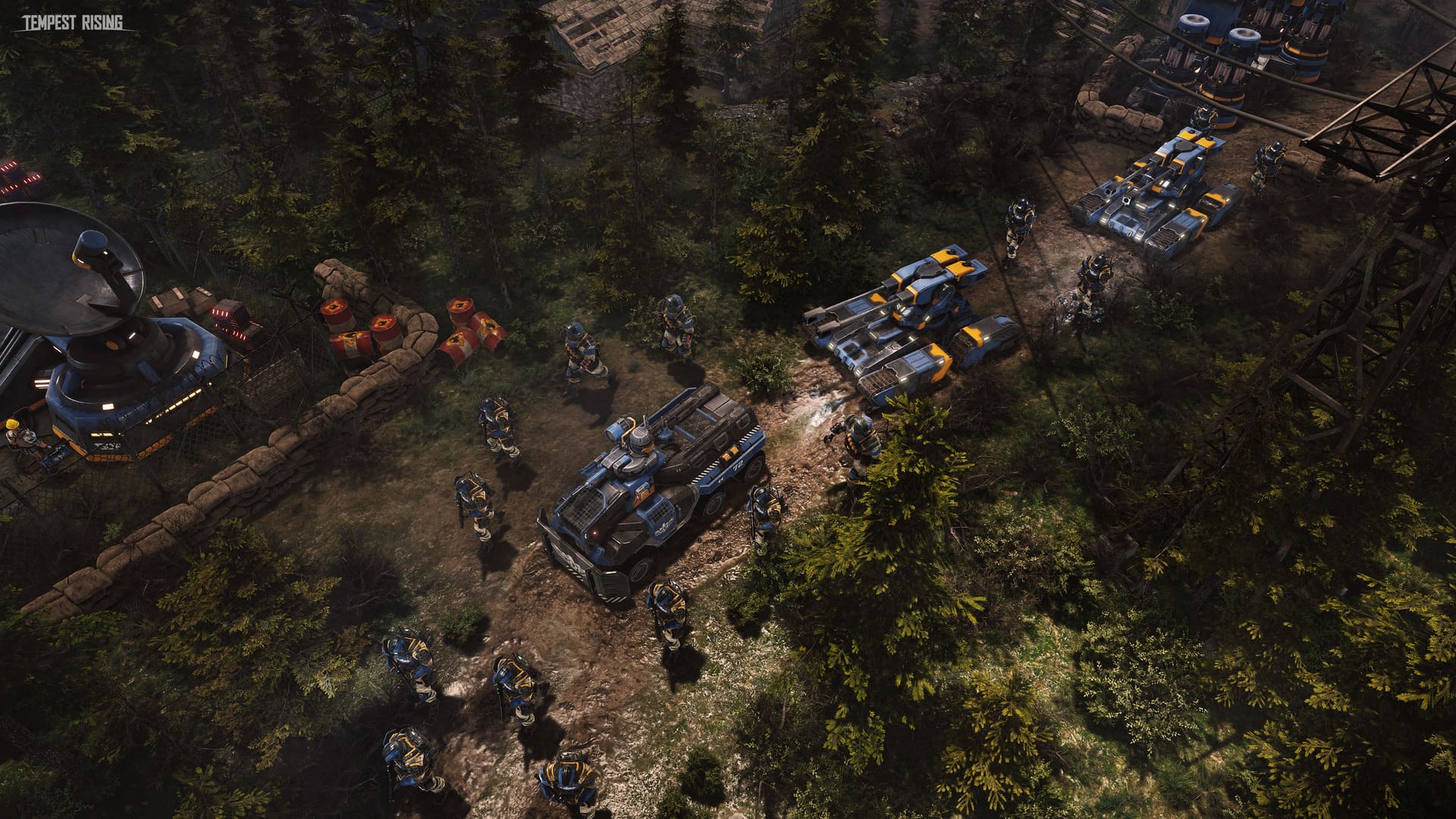 An aerial view in Tempest Rising with infantry, artillery, and tank units moving through a forest.