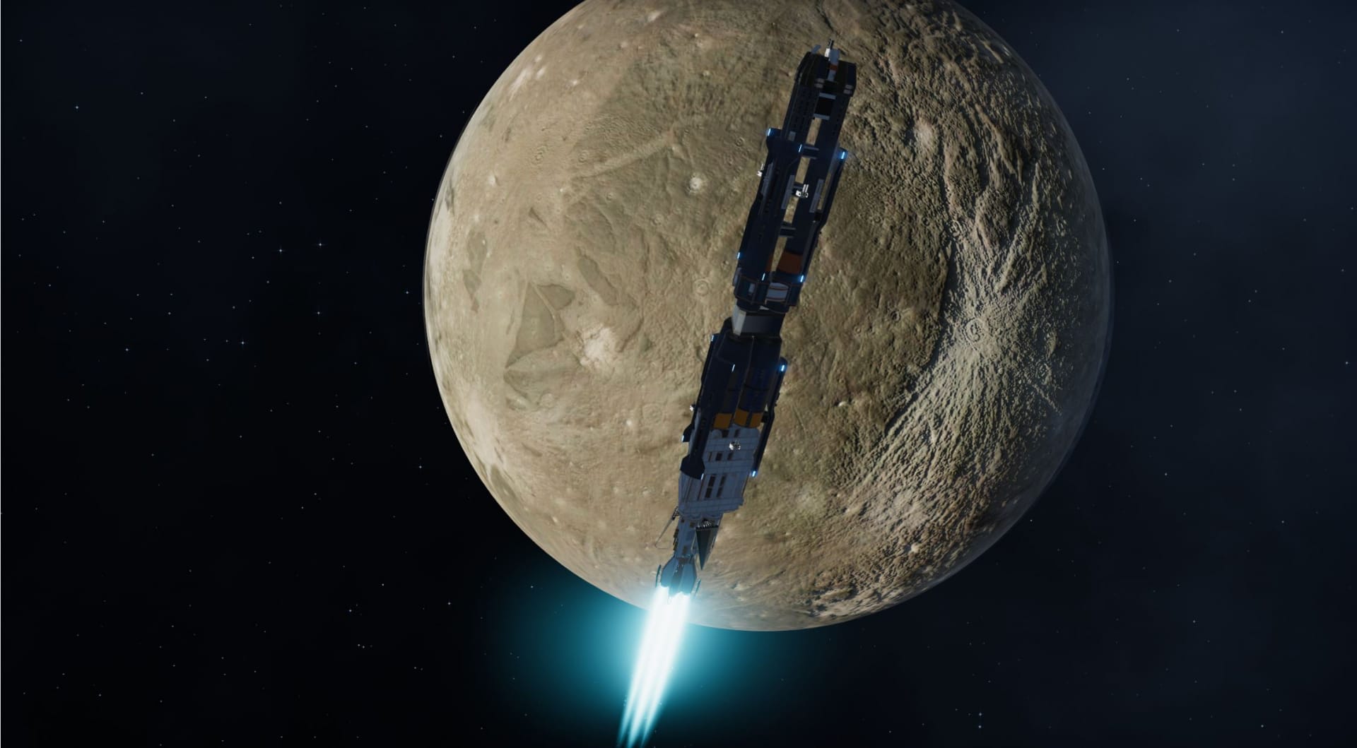 Spaceship in front of a moon in Terra Invicta 