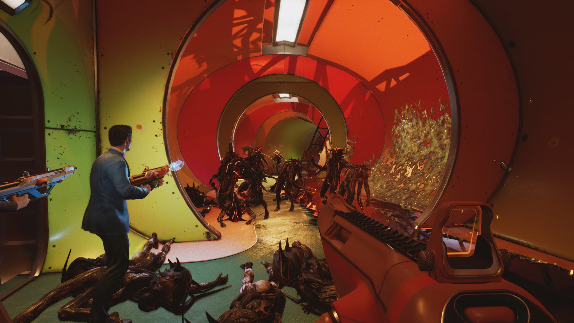 The Anacrusis orange tunnel with armed people fighting alien creatures