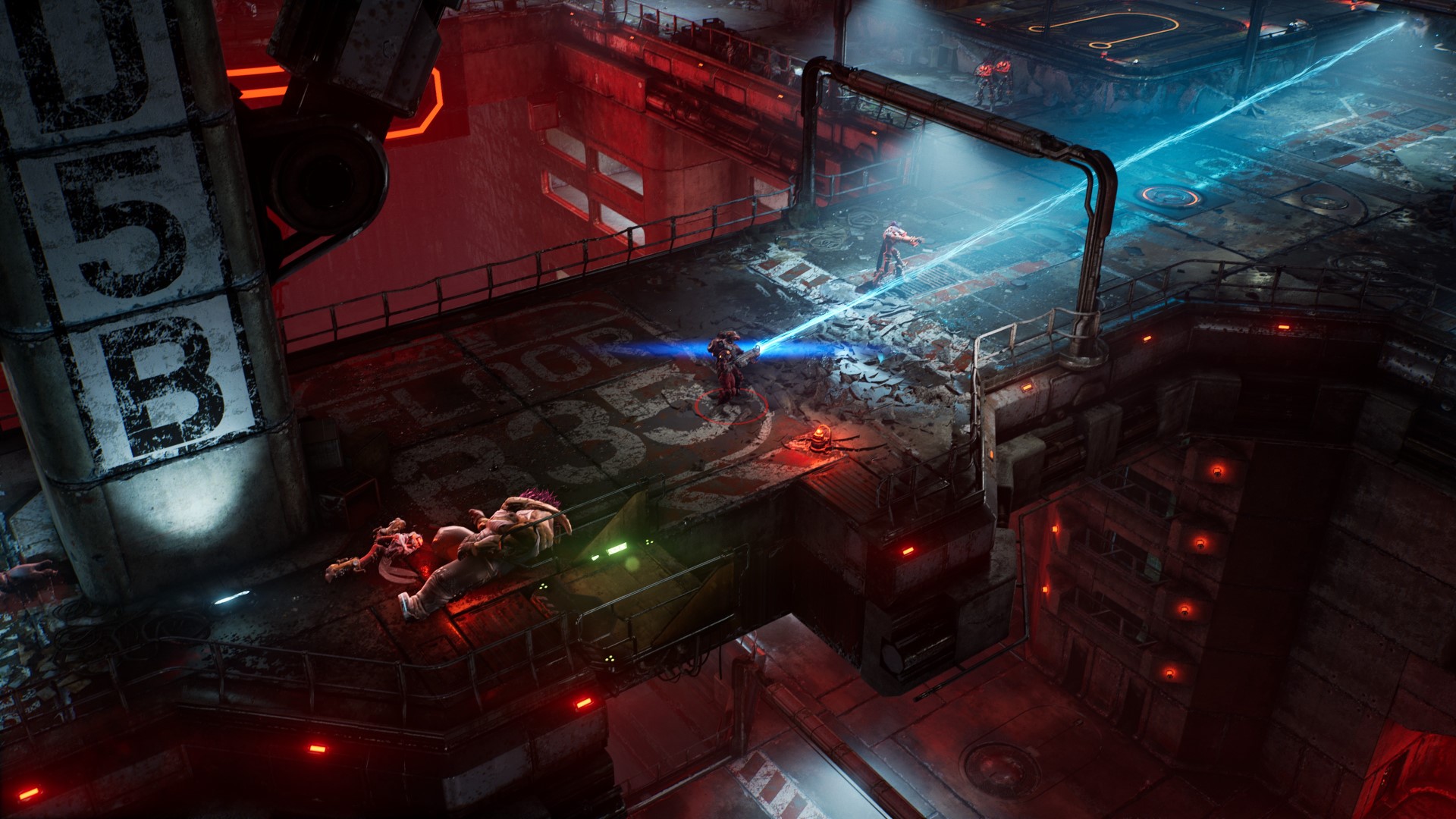 The player running through a city street weapon drawn
