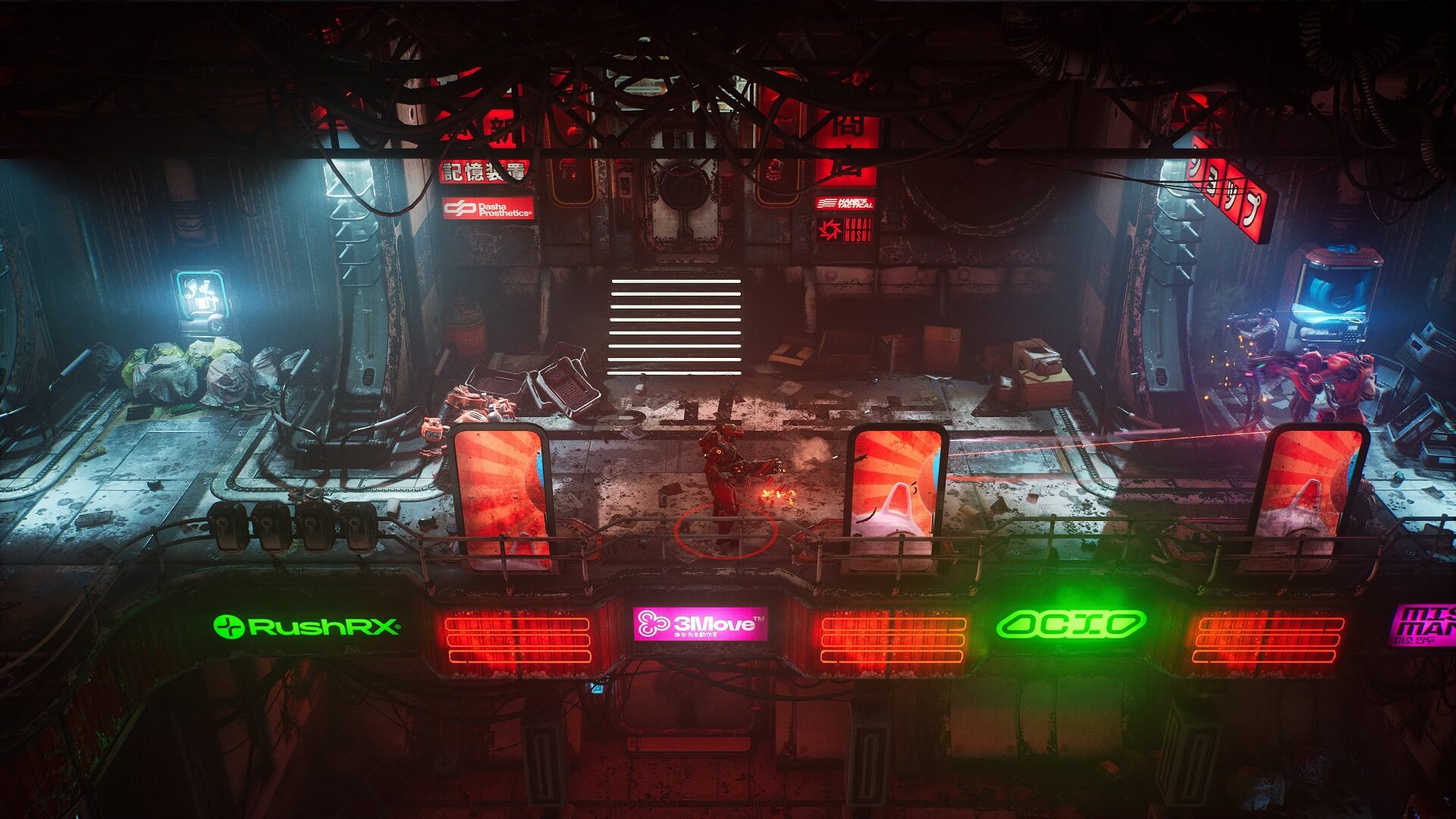 A neon-lit cyberpunk scene in The Ascent