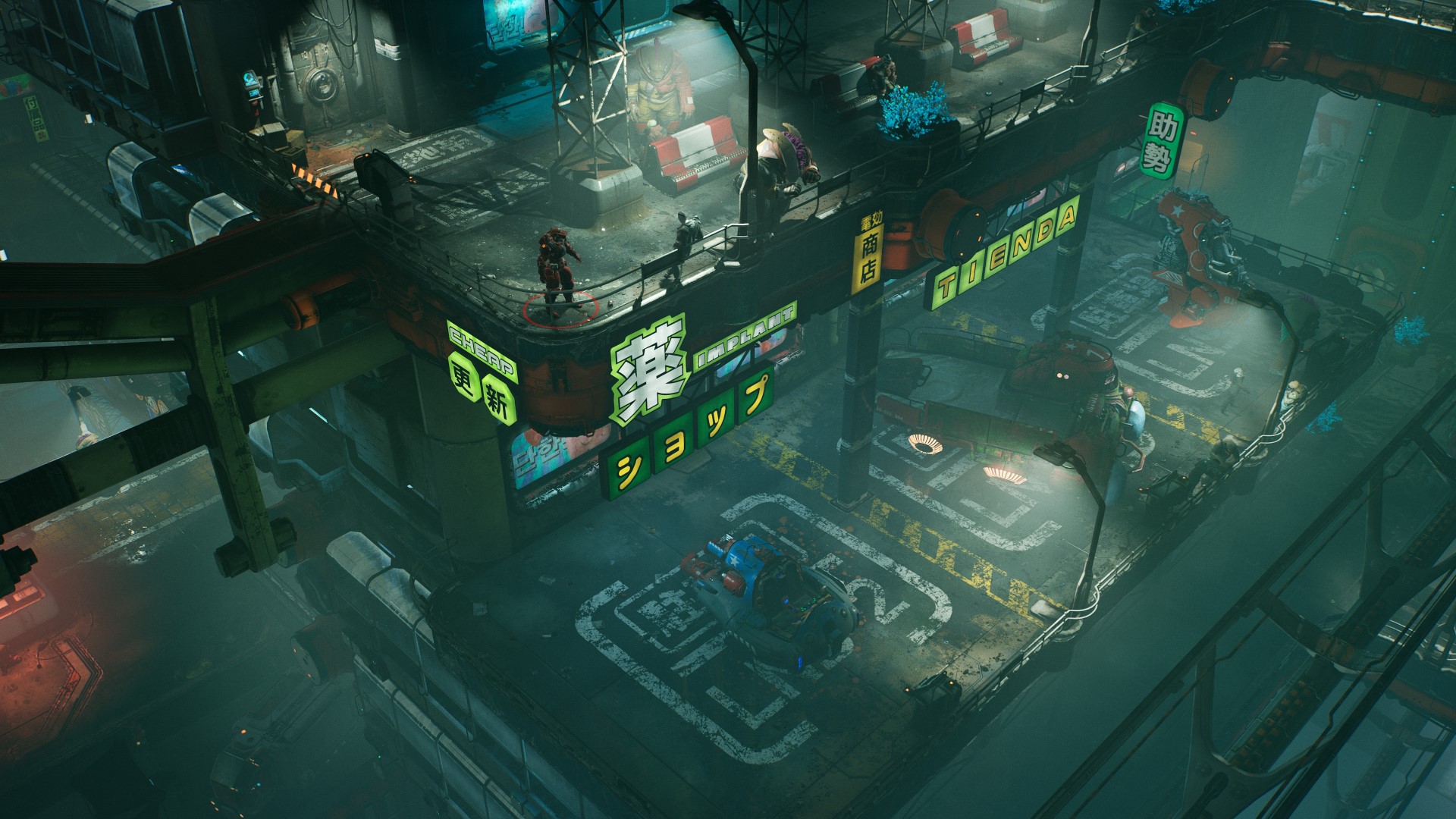 The player moving through a dingy neon city