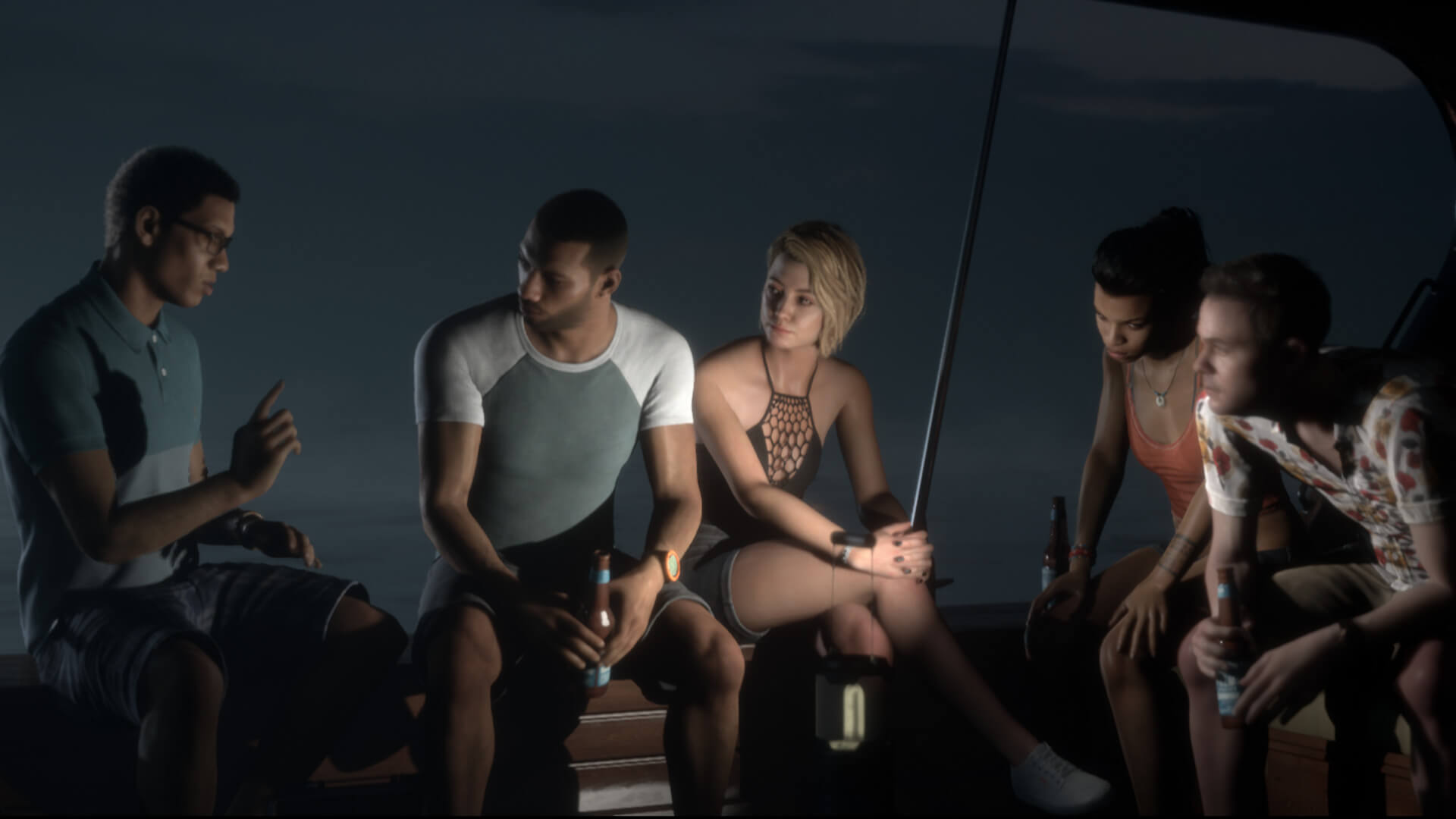 A group of friends sitting around in The Dark Pictures: Man of Medan, part of the PlayStation Plus Essential July lineup