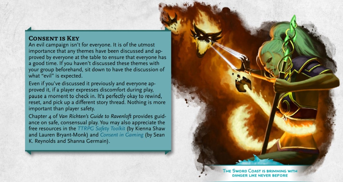 A snippet about player consent place near an illustration of a flaming skull attacking an adventurer