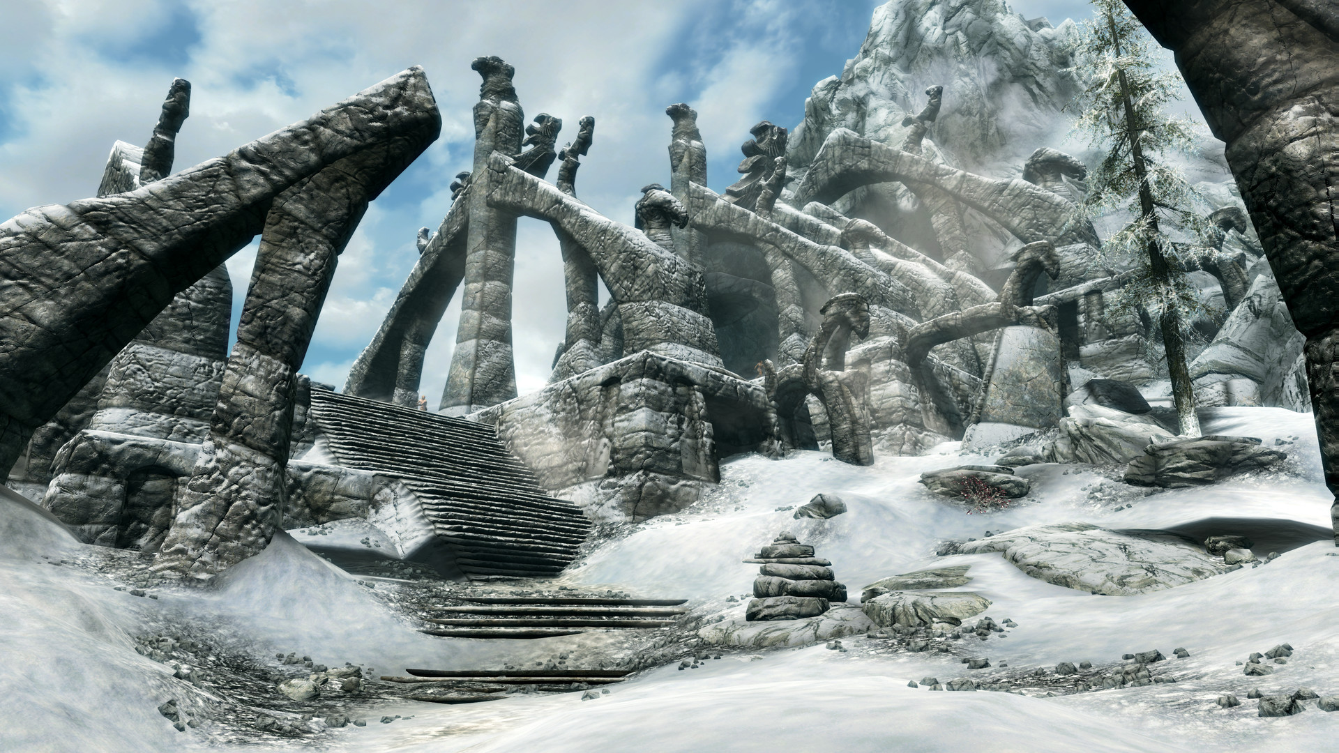 The Elder Scrolls V Skyrim winter settings snowy rock covered path