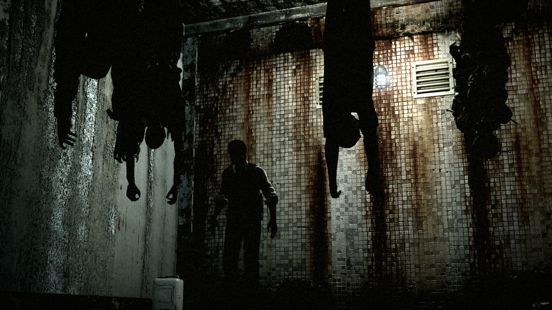 A gruesome scene of staged corpses in Shinji Mikami's horror film The Evil Within