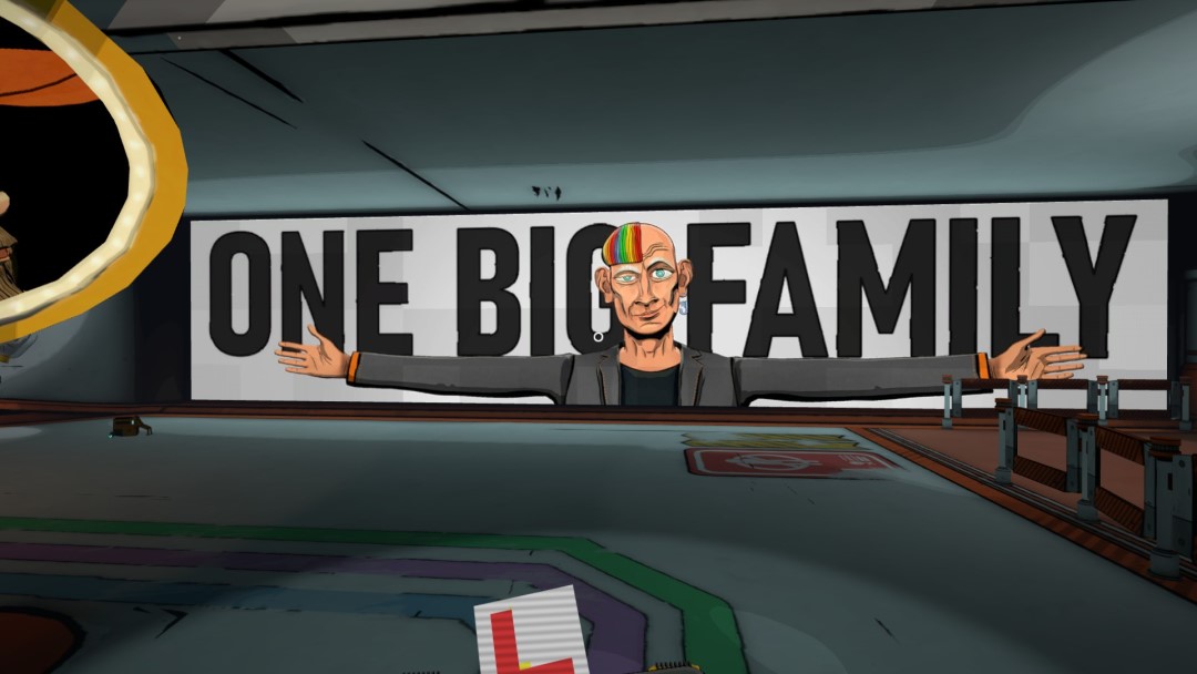 A poster with a bald CEO in front of it reading "One Big Family"
