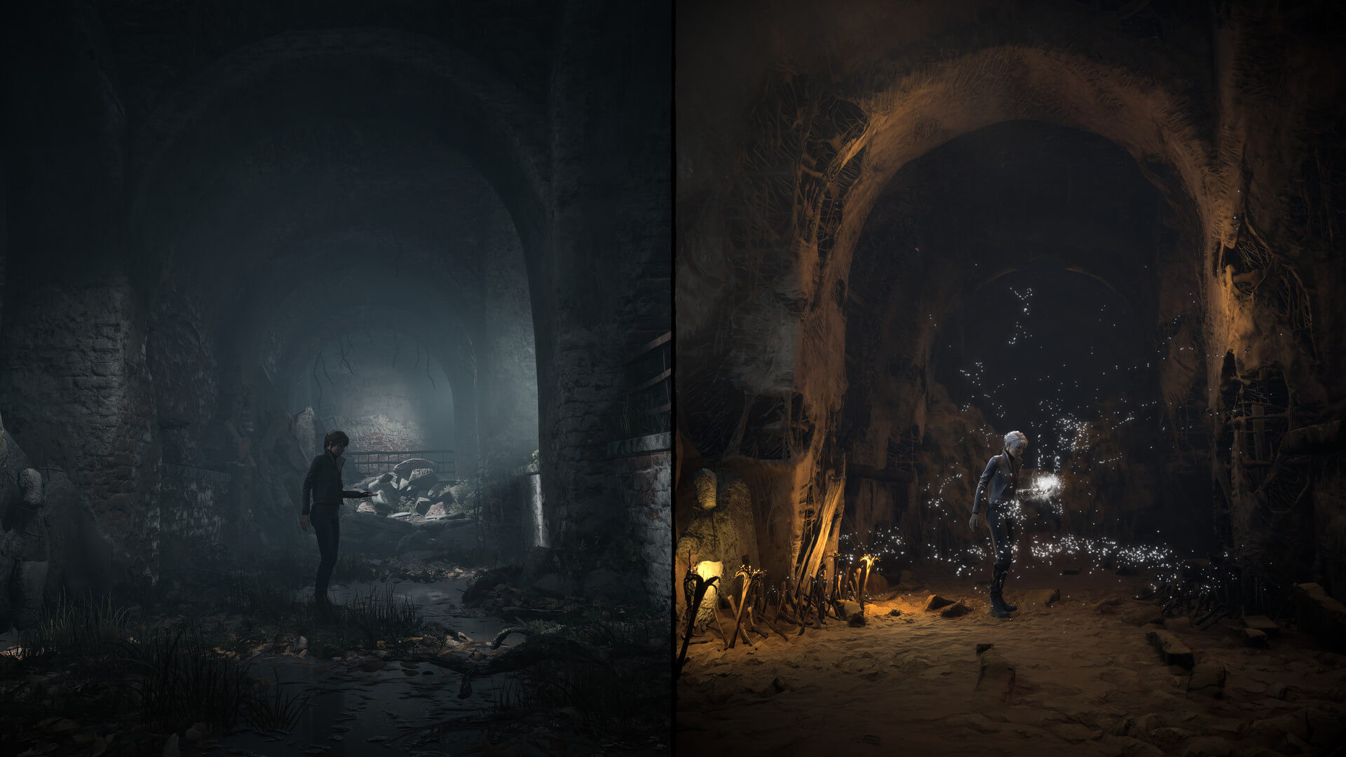 A screenshot showing two different realities from The Medium.