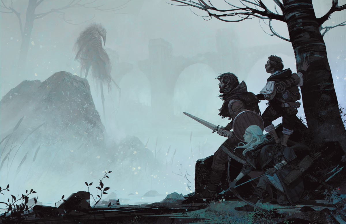 Promotional art from The One Ring Ruins of the Lost Realm showing an adventuring party in a swamp