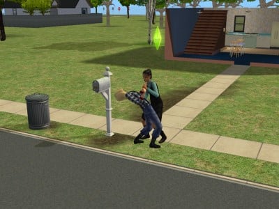 Two female Sims in The Sims 2 embrace next to their mailbox.