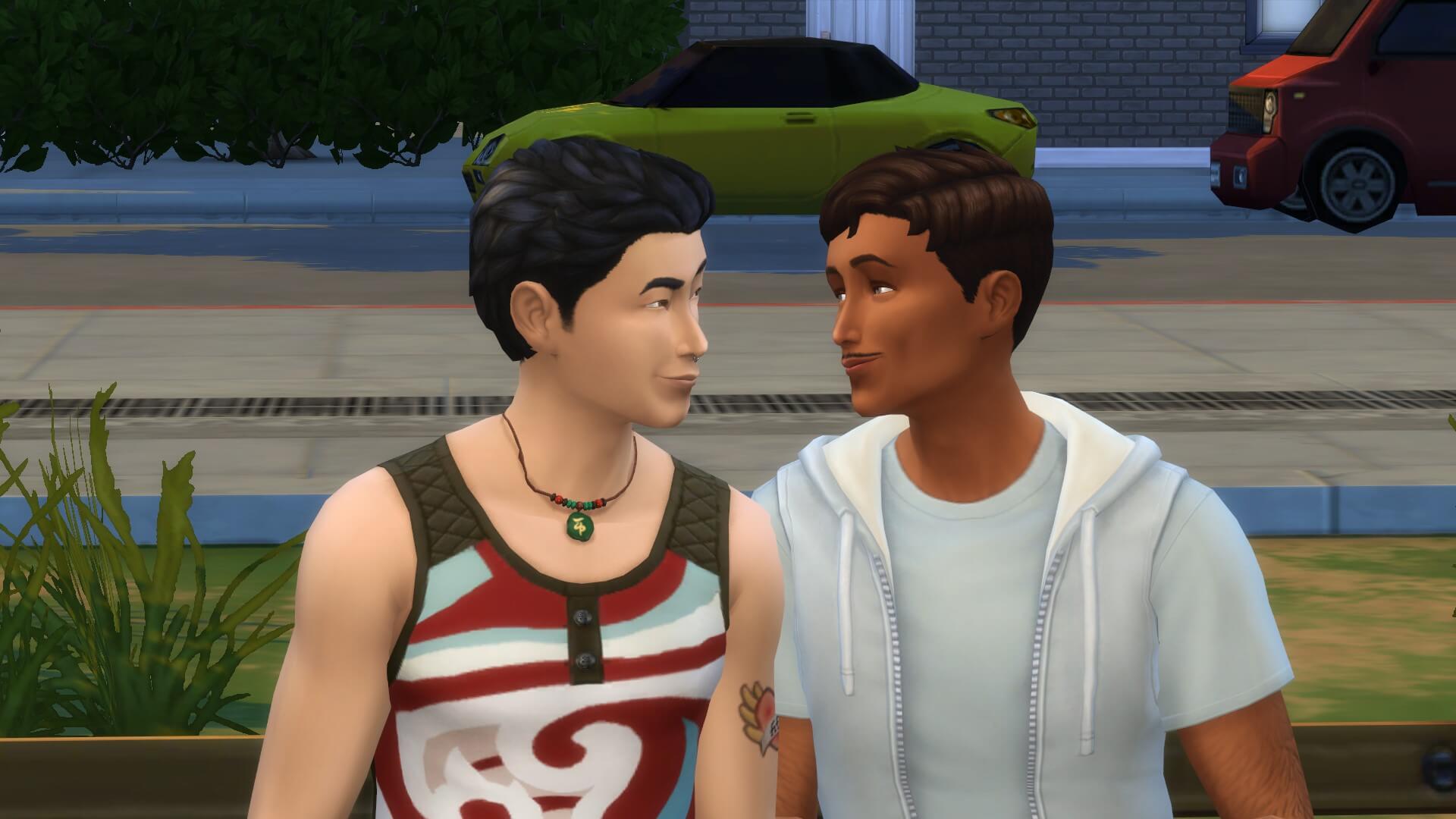 Two male Sims sit on a bench and stare into each other's eyes.