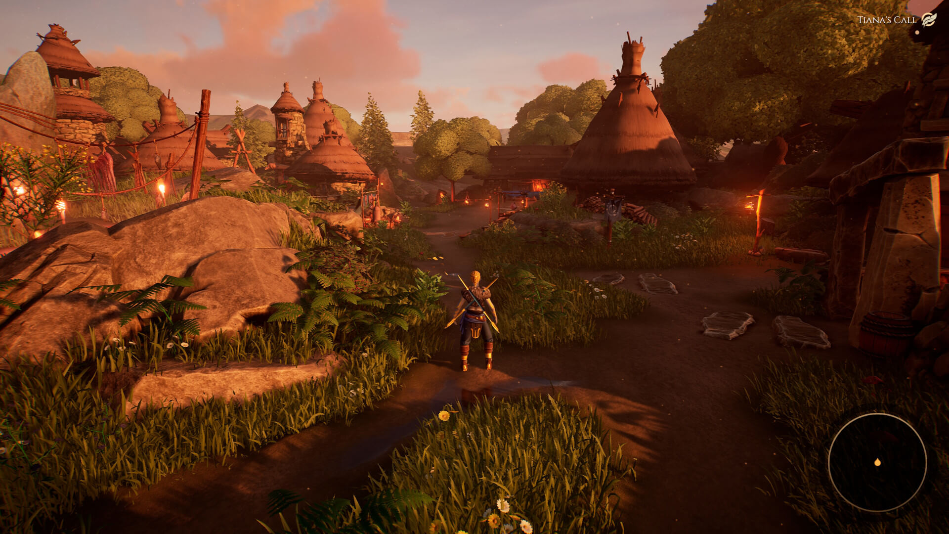 A player exploring a village in The Waylanders