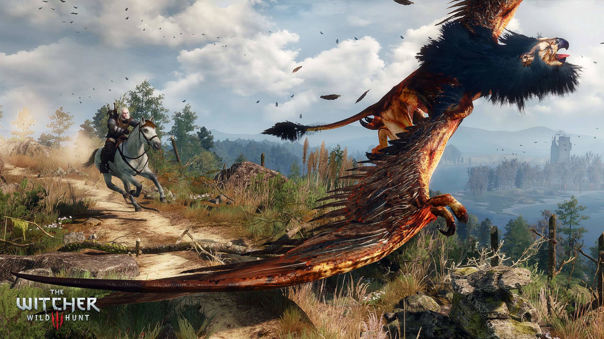 Geralt riding atop Roach and battling a gryphon in The Witcher 3